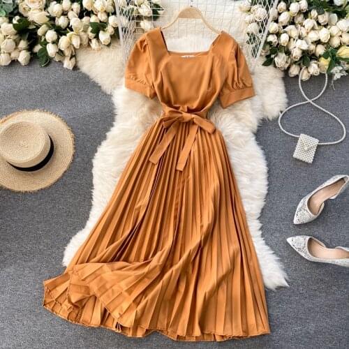 Teeuiear Vintage slim spring square collar pleated Dress Summer long bandage dress Party Women tunic elegant office Dresses