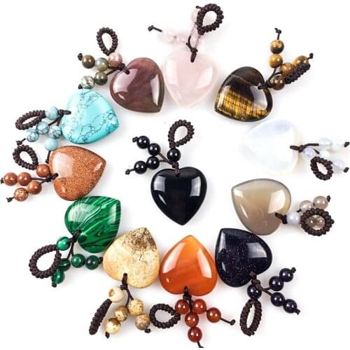 30mm Hand Craft Natural Stone Keychains Handbag Purse Holder HealingHeart Dangle Agates Pink Quartz Turquoises Stone Key Chains