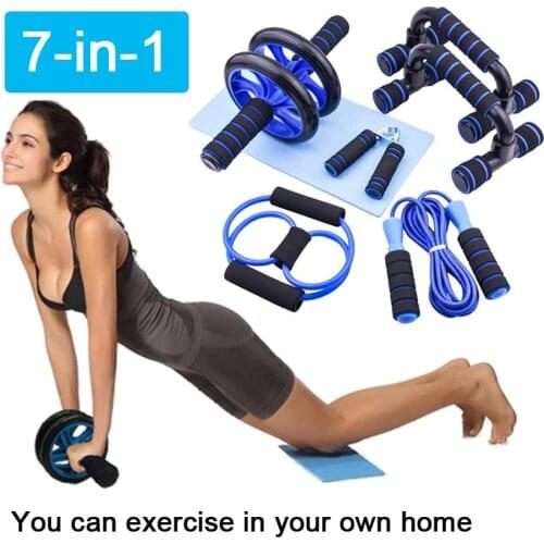 7-in-1 Workout Ab Wheel Kit Jump Rope Grip Push-up Bracket Home Fitness Set Exercise Resistance Band Abdominal Wheel Sports