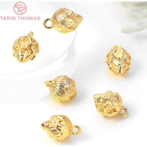 6PCS 7x11MM Hole 1MM 24K Gold Color Plated Brass Lotus Bud Charms High Quality Diy Jewelry Accessories