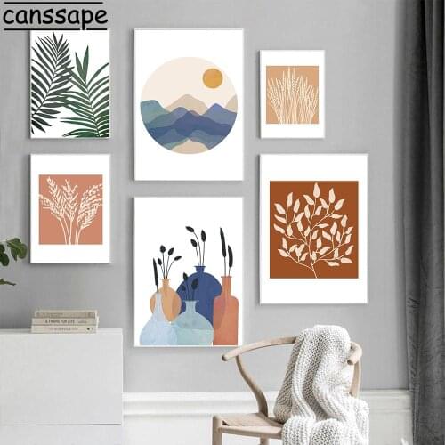 Abstract Wall Art Poster Leaves Print Reed Painting Sunset Posters Vase Paintings Modern Wall Pictures Home Room Decoration