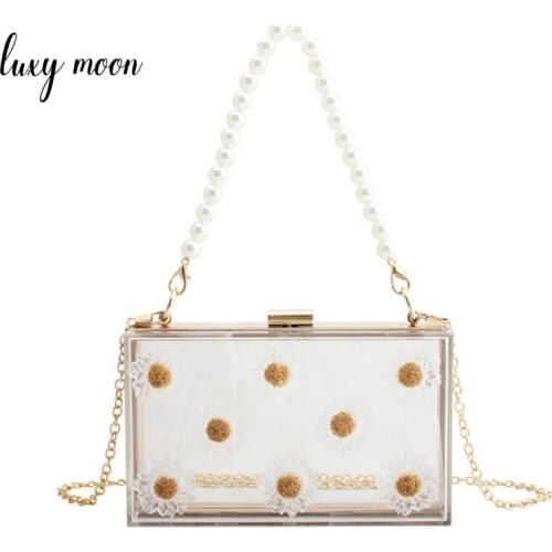 Acrylic Transparent Clutch Bag for Women Luxury Handbag Wedding Party Purse Daisy Evening Bag Pearl Chain Shoulder Bag ZD1622
