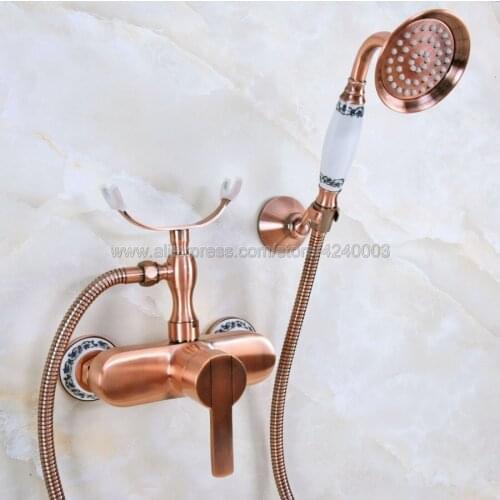 Antique Red Copper Bathroom Shower Faucet Bath Faucet Mixer Tap With Hand Shower Head Set Wall Mounted Kna351