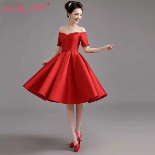 AXJFU princess red satin boat neck short evening dress party a line green bow lace up short evening dress little red dress
