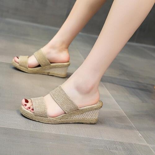 Retro Ladies Handmade Linen Cotton 6cm Wedge Heel Slides Women Hemp Platform Espadrilles Slippers Comfortable Bohemian Sandals
