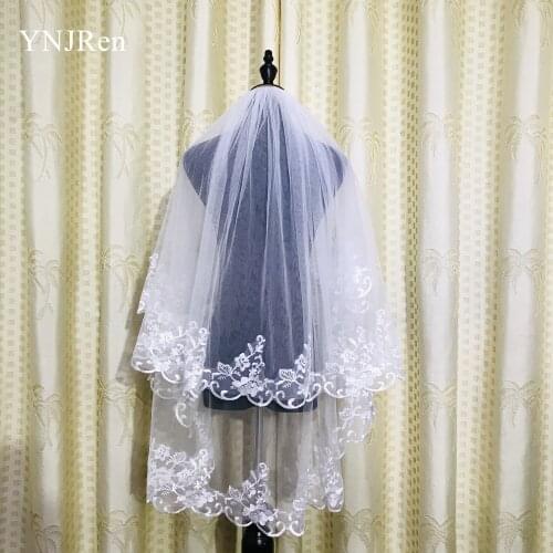 Cheap In Ivory / White two layer Lace Applique Edge Bridal Veil Fingertip Long Gorgeous Bridal Accessories With Metal comb