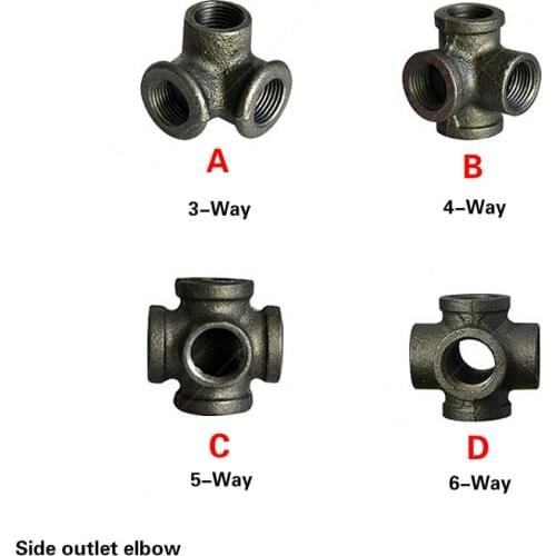 2 pcs 1/2 3/4 1 inch Black self colour malleable iron pipe fittings Black cast Iron threaded pipe 3/4/5/6 way side outlet elbow