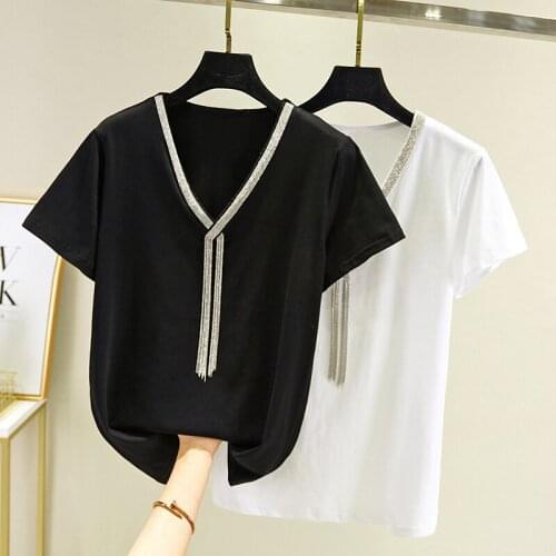 Harajuku T Shirt Women Cotton O-Neck beading Basic New Clothing 2020 Ladies Tops Short Sleeve Summer Tee Shirt Femme Black