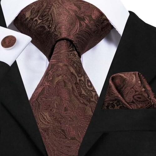 Hi-Tie Mens Ties High Quality Silk Woven Brown Floral Tie Set Handkerchief Cufflinks Set Business Wedding Neck Ties SN-3063