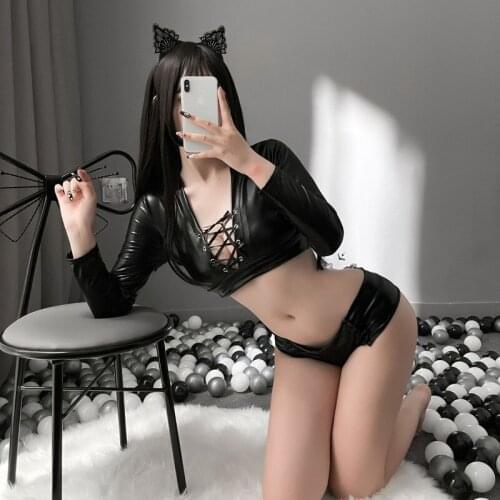 Jimiko Women Hot Sexy Lingerie Black Leather Underwear Suit Erotic Costume Cosplay Porn Police Open Bra Crop+Shorts Plus Size