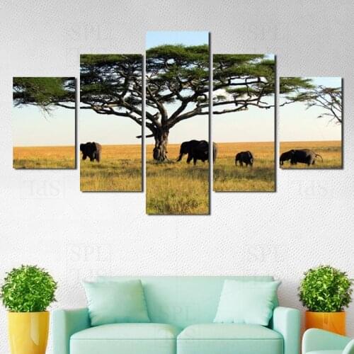 Grassland Elephant Five Panel Canvas Painting Home Decoration Landscape Tree Wall Picture for Living Room Posters and Prints