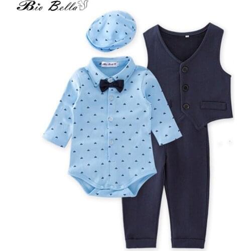 Spring Autumn Children Clothes Set Boys Clothing Vest+Bodysuit+Pants+Cap 4Pcs Set kids Fashion Gentle Boys Formal Suit