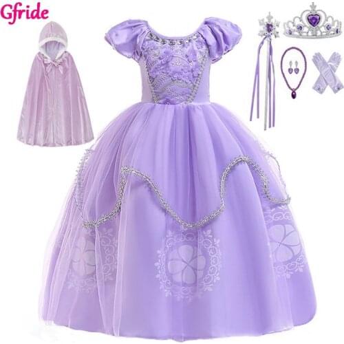Girls Sofia Costume For Girl Princess Rapunzel Long Dress With Cloak Grown Wands Gloves Clothing Kids Ball Gown Prom Party Dress