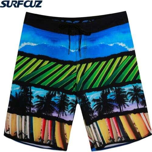 SURFCUZ Mens Light Weight 4 Way Stretch Boardshorts Quick Dry Coconut Tree Style Swim Shorts Beach Wear with Zipper Pocket