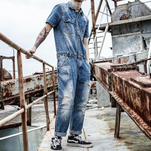 Mens jumpsuit Mens Korean version of Slim Denim clothing Hole Denim Suit Mens Short-sleeved Overalls Size M-XXL