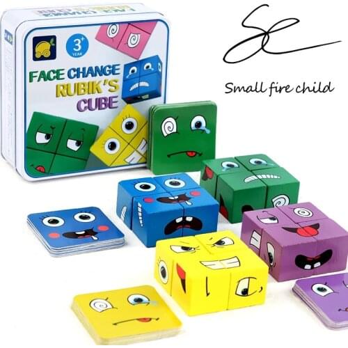 New Children Wooden Expression Blocks Montessori Educational Face Changing Matching Puzzle Thinking Logic Games Geometry Jigsaw