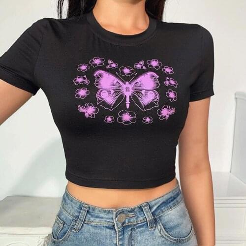 Summer New Crop Top Butterfly Print Short Sleeve Tshirt Women Free Shiping T Shirt Women