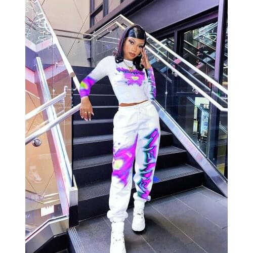 Omancady Fall 2021 Womens Fashion Sportswear Print Crop Top & Jogging Sweatpant Juicy Couture Tracksuit Set Sweatsuits for Women