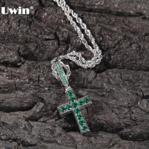 UWIN 2 Tone Cross Pendant Necklace for Women Iced Out AAA Blue and Green Cubic Zirconia Pendants Fashion Hip Hop Jewelry