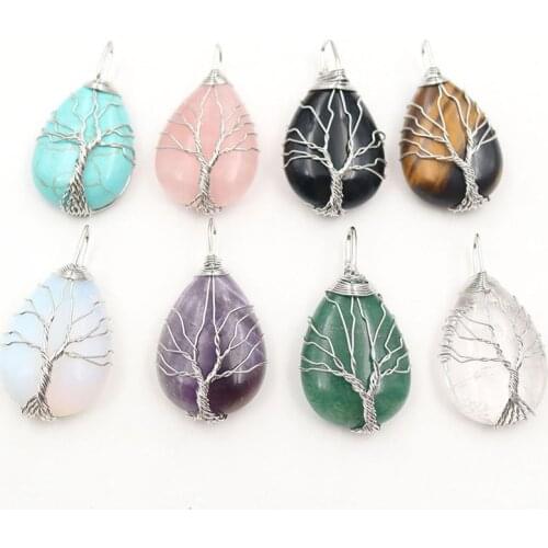 Teardrop Wire Wrapped Necklace Natural Stone Chic Style Copper Tree of Life Waterdrop Chakra Pendant
