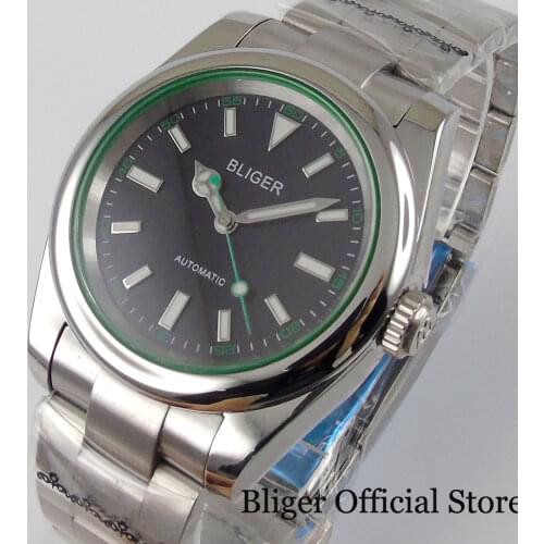 BLIGER Polished Automatic Men Watch MIYOTA 8215 NH35A Movement Oyster Band Sapphire Glass Green Second Hand