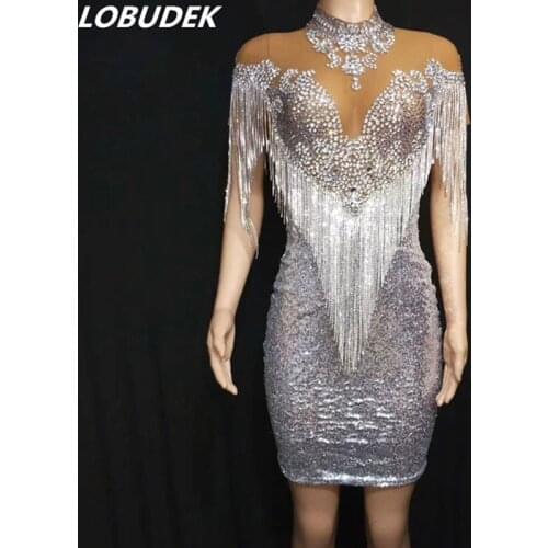 Mesh Rhinestones Tassel Short Dress Female Birthday Party Crystals Fringe Dress Prom Evening Party Singer Host Dresses Costume