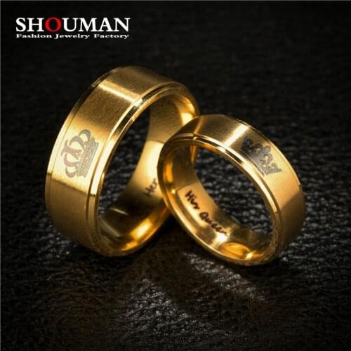 SHOUMAN Gold colour King Queen Crown Stainless Steel Couple Rings For Lovers Promise Men Women Valentines Day Gifts