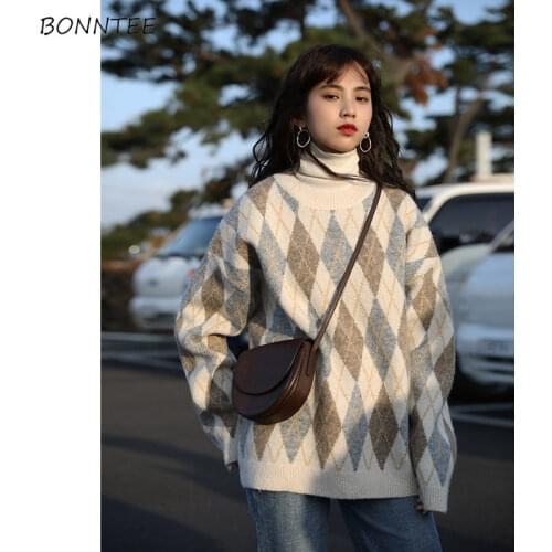 Turtleneck Sweaters Women Vintage Ins Fashion Simple Soft Daily Casual Preppy Girls Sweater All-match Loose Womens Knitwear New