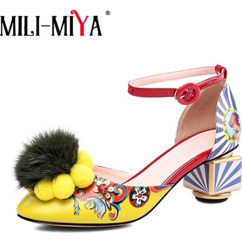 MILI-MIYA Latest Design Pom-pom Embellished Pumps Strange Block Heel Colorful Floral Printing Wedding Party Shoes Women Big Size
