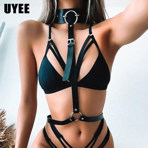 UYEE Women PU Leather Body Harness Chest Cage Sexy Lingerie Strap Handmade Gothic Garter Belt Body Bondage Crop Top Harness Belt