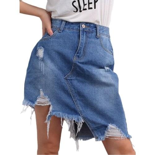 Ladies Denim Skirts Women’s Dissymmetry Personality Rough Edge Slimming High Waist Wrap Hip Skirts Ripped Short Mini Skirt