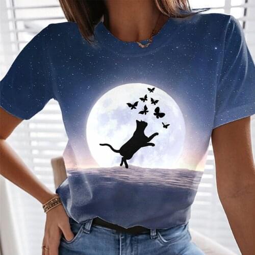 Cat And Butterfly Print T-shirt Lady Casual O-neck Blue Tshirts Short Sleeve Women T-shirt Top Graphic Printing Loose Tops #T2P