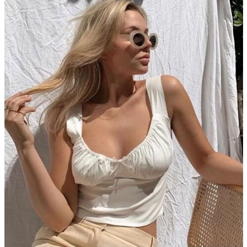 Womens Summer Solid Color Simple Vest Crop Tops White Ruched Bow Fitted Tops Women Wide Strap Fitted T-shirts Camisole