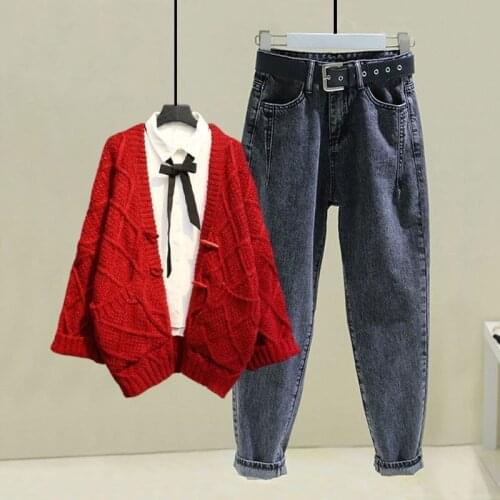 Women 2021 Autumn Fashion Suits Female Loose Knitted Cardigan Coats Ladies High Waist Harem Pants Jeans Two-Piece Sets P189