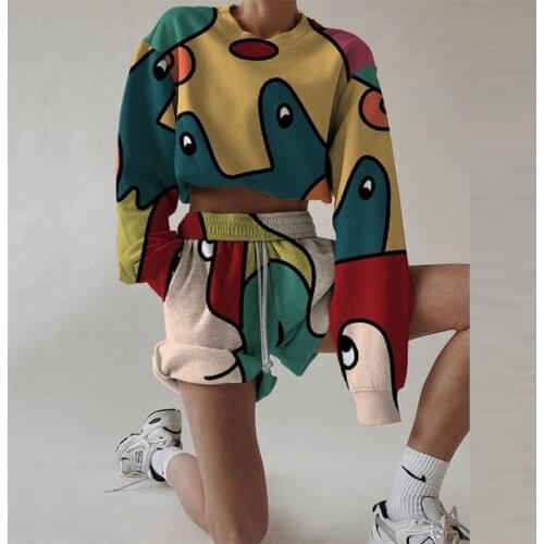 Plus Size Sets Tracksuit Sports 2 Pieces Set Spring Loose Print Pullover Tops+Hight Waist Short Pants Women Streetwear Outfits