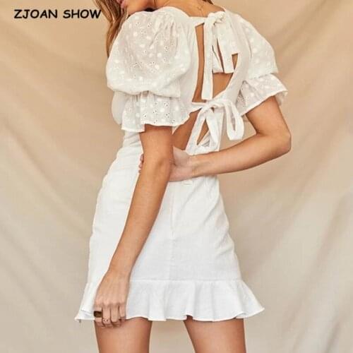 Summer Women Vintage Ruffles Tie Bow White Lace Embroidery Dress Retro Puff Sleeve Slim Waist Short Backless Dresses Vestido