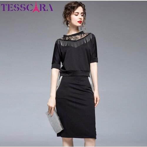 TESSCARA Women Summer Elegant Tassel Dress Suit Set High Quality Office Party Robe Femme Vintage Lace Designer Pencil Vestidos