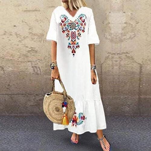2020 Summer Women Sexy V-neck Long Maxi Dress Elegant Print Linen Boho vestidos robe White Plus Size 5xl Female Loose Dresses