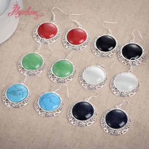 33mm Coin Cat Eye, Jades,Coral Stone Beads Tibetan Silver For Lady Dangle Hook Trendy Earring For Woman Christmas Gift 1 Pair