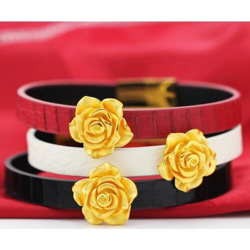 Pure 24K Yellow Gold Rose Flower Leather Bracelet 3D 999 Gold Flower Bracelet