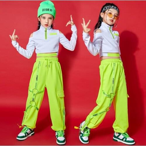 Fluorescent Green Stage Costume For Girls Jazz Hip Hop Dance Clothing Fringe Sequin Tops Pant Children Trend Clothes Suit BL3991