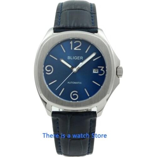 Bliger 40mm Blue Dial Square Miyota Mens Automatic Watch Sapphire glass Luminous Date Window Leather Strap Wristwatch Men