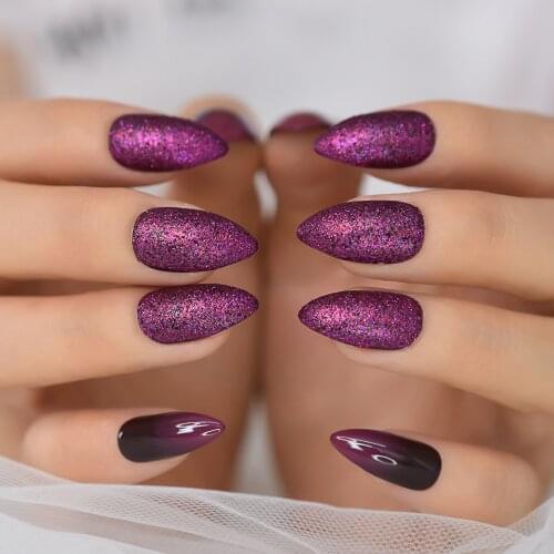 Glossy Gradient Ombre French Almond Fake Nail Purple Glitter Stiletto Sharp False Salon Party Finger Tip for Manicure Women Girl