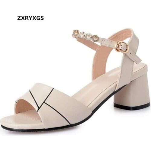 2021 New Open Toe Summer Genuine Leather Sandals Fashionable Shoes Women Sandal Shoes Rhinestone Elegance Wild High Heel Sandals