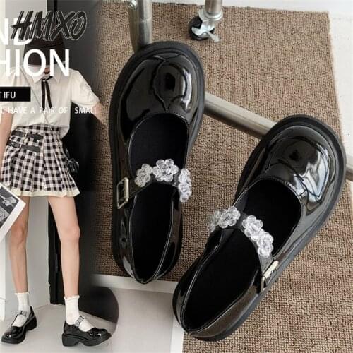 HMXO Transparent Beaded Mary Jane Shoes Round Toe Retro Rhinestones Women Shoes British Thick-soled Mid-heel Jk Leather Shoes