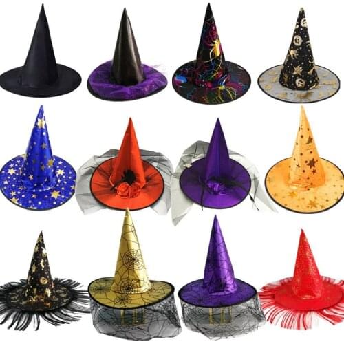 New Fashion Personality Pointed Cap Unisex Wizard Hat Halloween Hat Party Gauze Caps Printed Pumpkin Black Pointed Hats