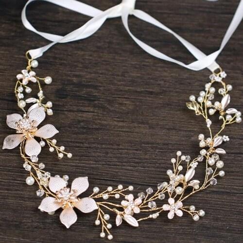 SLBRIDAL Handmade Wired Rhinestones Crystals Pearls Flower Wedding Headband Bridal Hair Vine Hair Accessories Bridesmaids Women