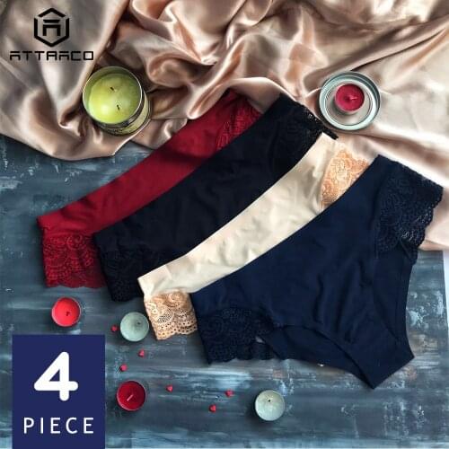 Attraco Original Women Lace Hipster Underwear V-String Pantie Briefs Cotton 4 Pcs Tanga Thong Lace Edge Breathable Stretch