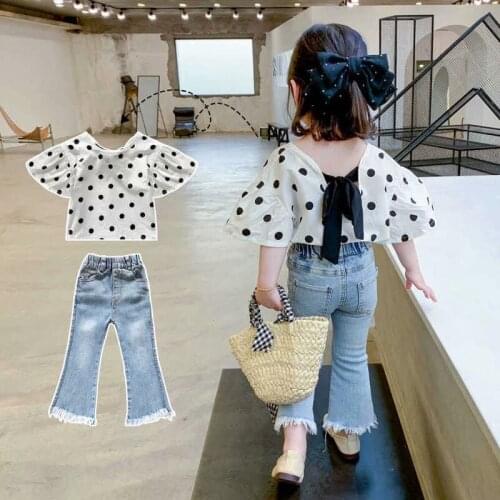Boot Cut Dot Vintage Jeans Youth Clothing Polka Dot Suits Childrens Clothing Childrens Wear Trousers Kids Girl Clothing Sets