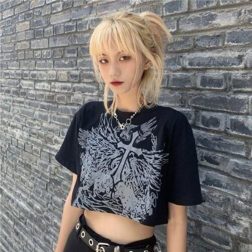 QWEEK Gothic Style Tshirt Streetwear Women Crop Top Gothic Harajuku Graphic T Shirt Summer Tees Dark Mall Goth Tops Emo Clothes